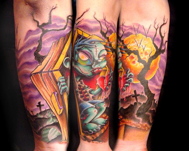 Tattoos - zombie kid, in coffin and graveyard scene tattoo - 15528
